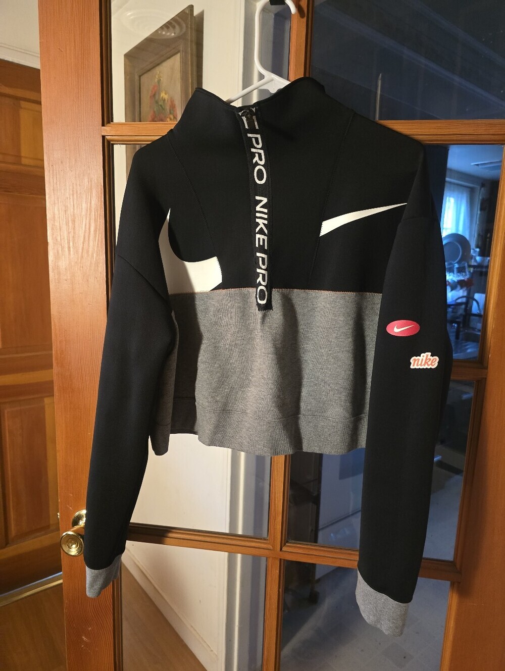 Nike Black & Gray Cropped Sweatshirt with White Swoosh